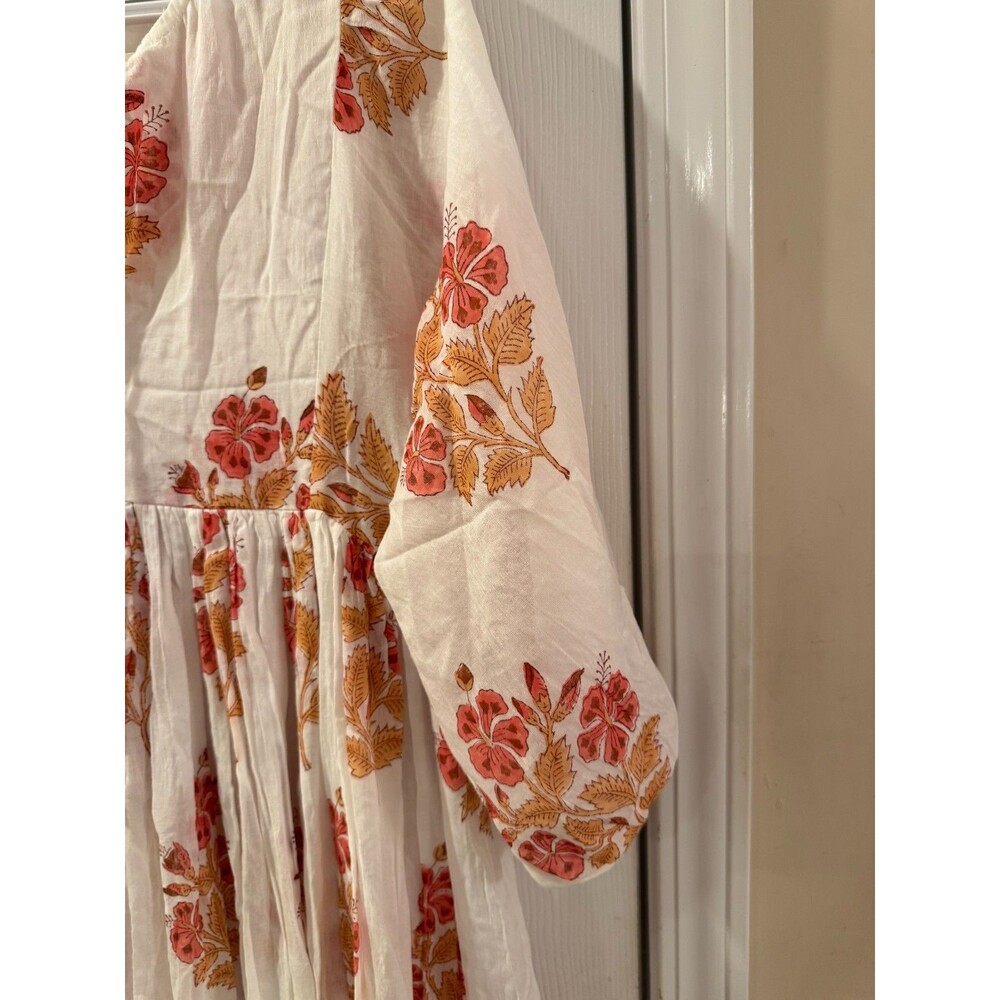 Dolma White Coral Floral Mylah Midi Dress Boho Cotton Hand Printed Sz L NWT - Picture 11 of 15